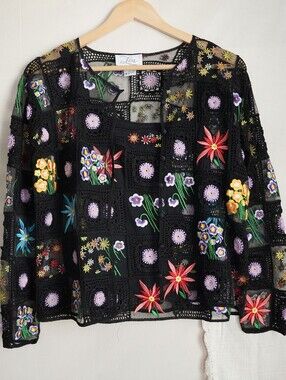 Lisa Black Crochet Mesh Floral Embroidered Cardigan & Tank Top Set S
